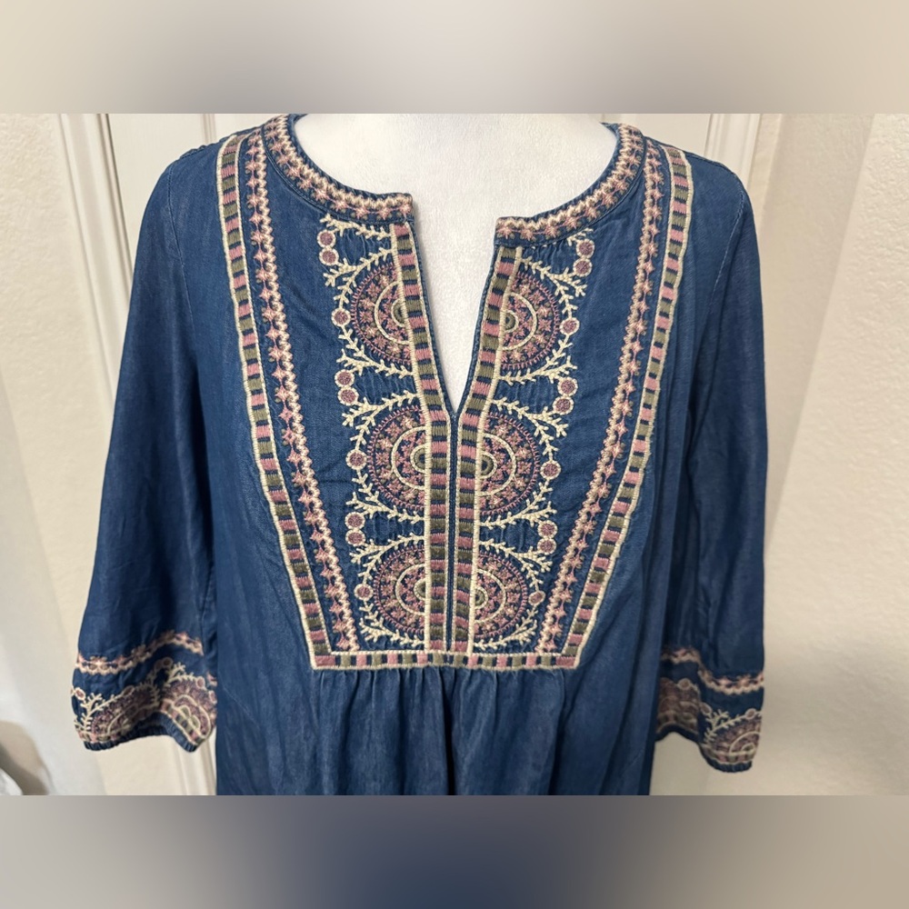 J. Jill Denim Embroidered Indigo A-Line Dress Size XSP - Picture 6 of 9